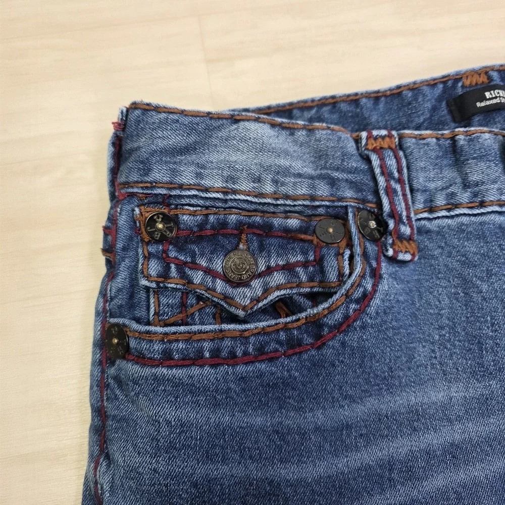 True Religion Ricky Super T Flap Jeans Size 31 Thick Red Contrast‎ Stitch USA